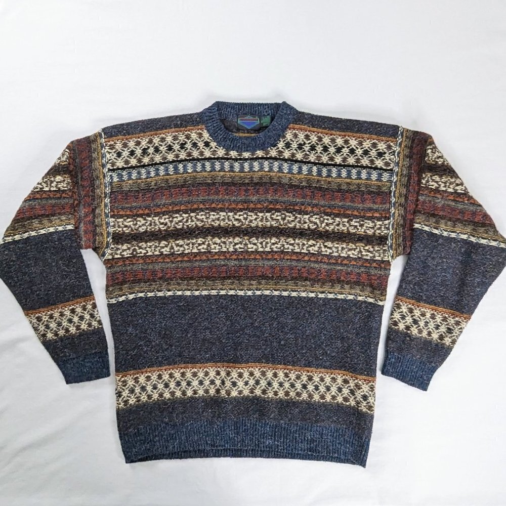 VTG 3D Knit Wool Blend Brown Tan Blue Patterned Knit Grandpa Sweater
